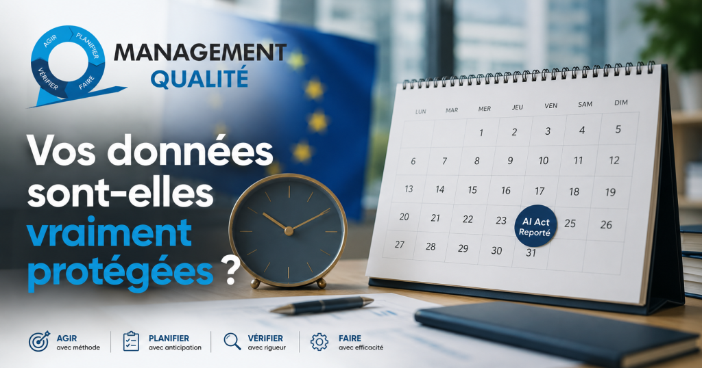 AI Act : les obligations IA à haut risque repoussées à décembre 2027 1 Drapeau européen et calendrier illustrant le report du calendrier d'application de l'AI Act
